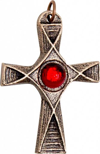 Bronzekreuz mit rotem Schmuckstein