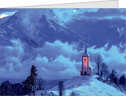 Birnbacher Weihnachtskarte - Kirche im Gebirge mit individuellem Eindruck