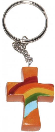 Schlüsselanhänger aus Speckstein - Regenbogen-Kreuz, orange, fair produziert