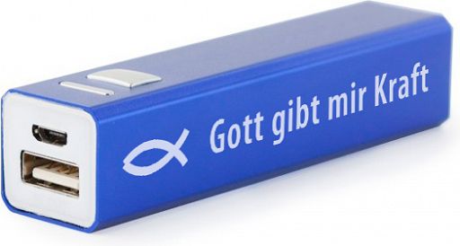 USB-PowerBank Akku mit Aufdruck Gott gibt mir Kraft, blau