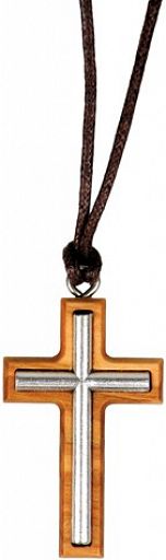 Umhängekreuz 2in1, Metallkreuz auf Olivenholz-Kreuz